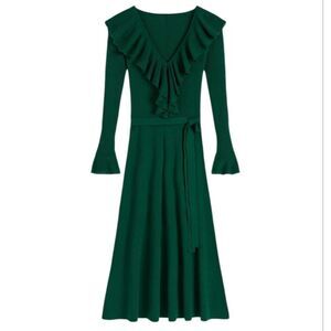 3226 NWT Boden Ruffled Ribbed Dress Emerald Night Sz 8R